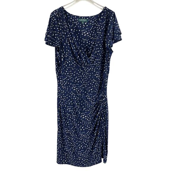 Ralph Lauren Geometric Dot Faux Wrap Ruched Flutter Sleeve Sheath Dress Size 14 - Picture 1 of 11
